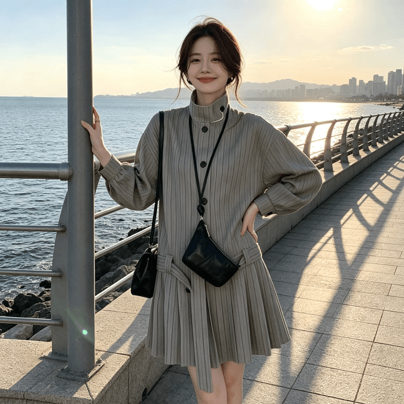 학원 스타일 자이언트 잘 생긴 스트라이프 바람 드레스 여성 봄 가을 2026 새로운 허리 수축 슬림해 보이는 작은 키 품격 드레스 상세 이미지 4