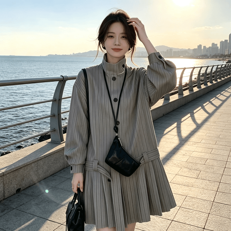 학원 스타일 자이언트 잘 생긴 스트라이프 바람 드레스 여성 봄 가을 2026 새로운 허리 수축 슬림해 보이는 작은 키 품격 드레스 상세 이미지 8