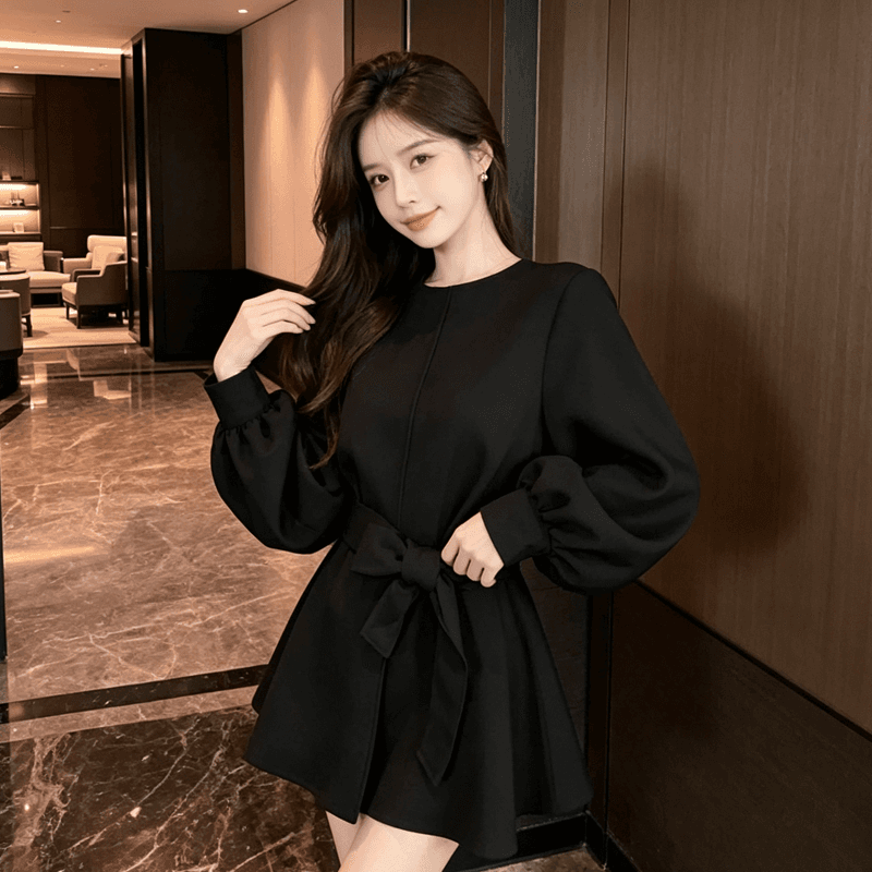 고급 센스 검정색 여성 코트 겨울 새로운 벌룬 소매 레이스업 루즈핏 슬림해 보이는 작은 대중 중간 길이 품격 맨위 상세 이미지 1