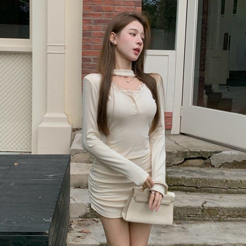 가을 겨울 순수한 욕망 바람 광장 칼라 패치워크 레이스 측면 길이 소매 치마 아이들 두꺼운 털이 있는 섹시함 타이트 스커트 주름 드레스 이미지 2