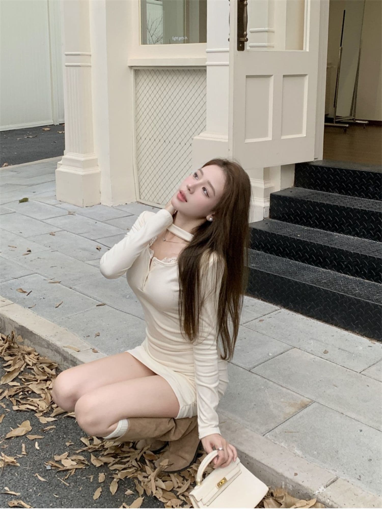 가을 겨울 순수한 욕망 바람 광장 칼라 패치워크 레이스 측면 길이 소매 치마 아이들 두꺼운 털이 있는 섹시함 타이트 스커트 주름 드레스 상세 이미지 7