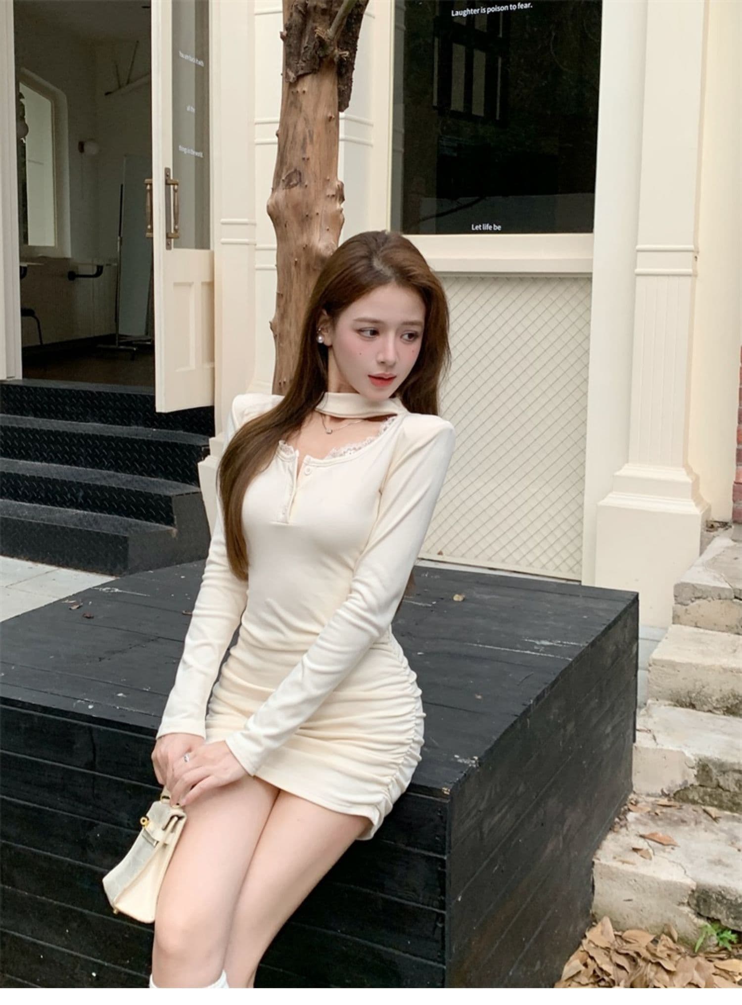 가을 겨울 순수한 욕망 바람 광장 칼라 패치워크 레이스 측면 길이 소매 치마 아이들 두꺼운 털이 있는 섹시함 타이트 스커트 주름 드레스 상세 이미지 9