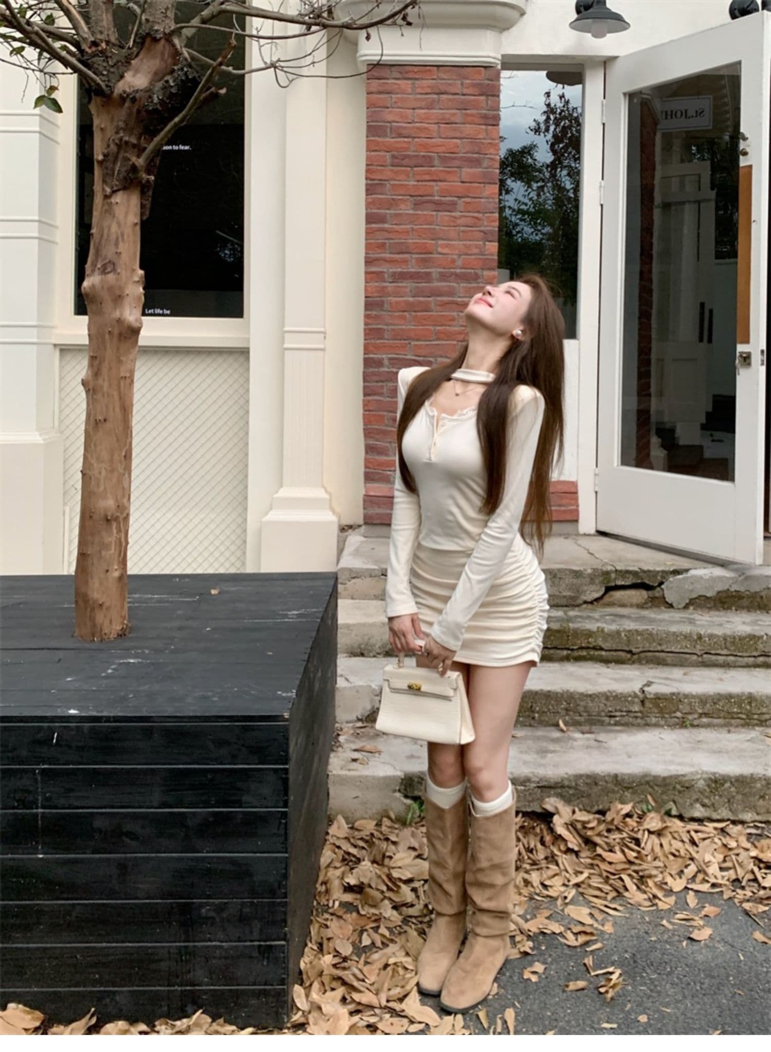 가을 겨울 순수한 욕망 바람 광장 칼라 패치워크 레이스 측면 길이 소매 치마 아이들 두꺼운 털이 있는 섹시함 타이트 스커트 주름 드레스 상세 이미지 10