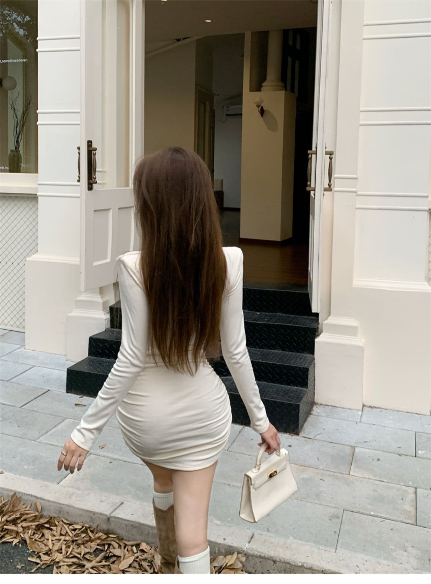 가을 겨울 순수한 욕망 바람 광장 칼라 패치워크 레이스 측면 길이 소매 치마 아이들 두꺼운 털이 있는 섹시함 타이트 스커트 주름 드레스 상세 이미지 11