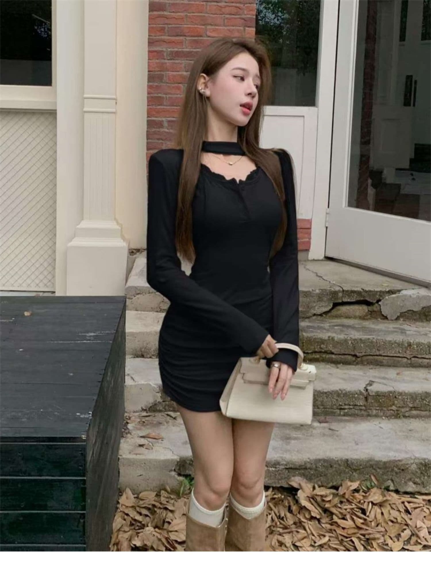 가을 겨울 순수한 욕망 바람 광장 칼라 패치워크 레이스 측면 길이 소매 치마 아이들 두꺼운 털이 있는 섹시함 타이트 스커트 주름 드레스 상세 이미지 14