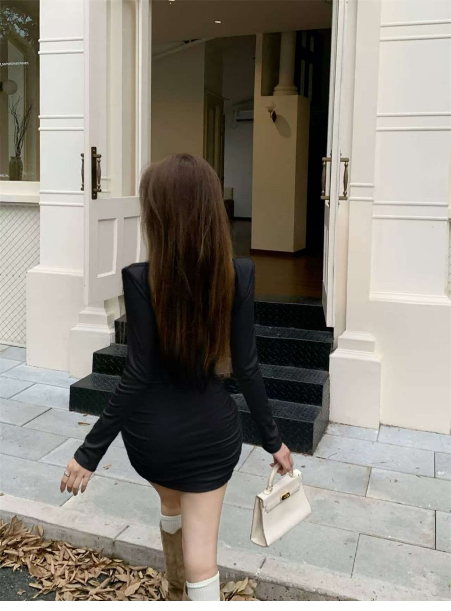 가을 겨울 순수한 욕망 바람 광장 칼라 패치워크 레이스 측면 길이 소매 치마 아이들 두꺼운 털이 있는 섹시함 타이트 스커트 주름 드레스 상세 이미지 17