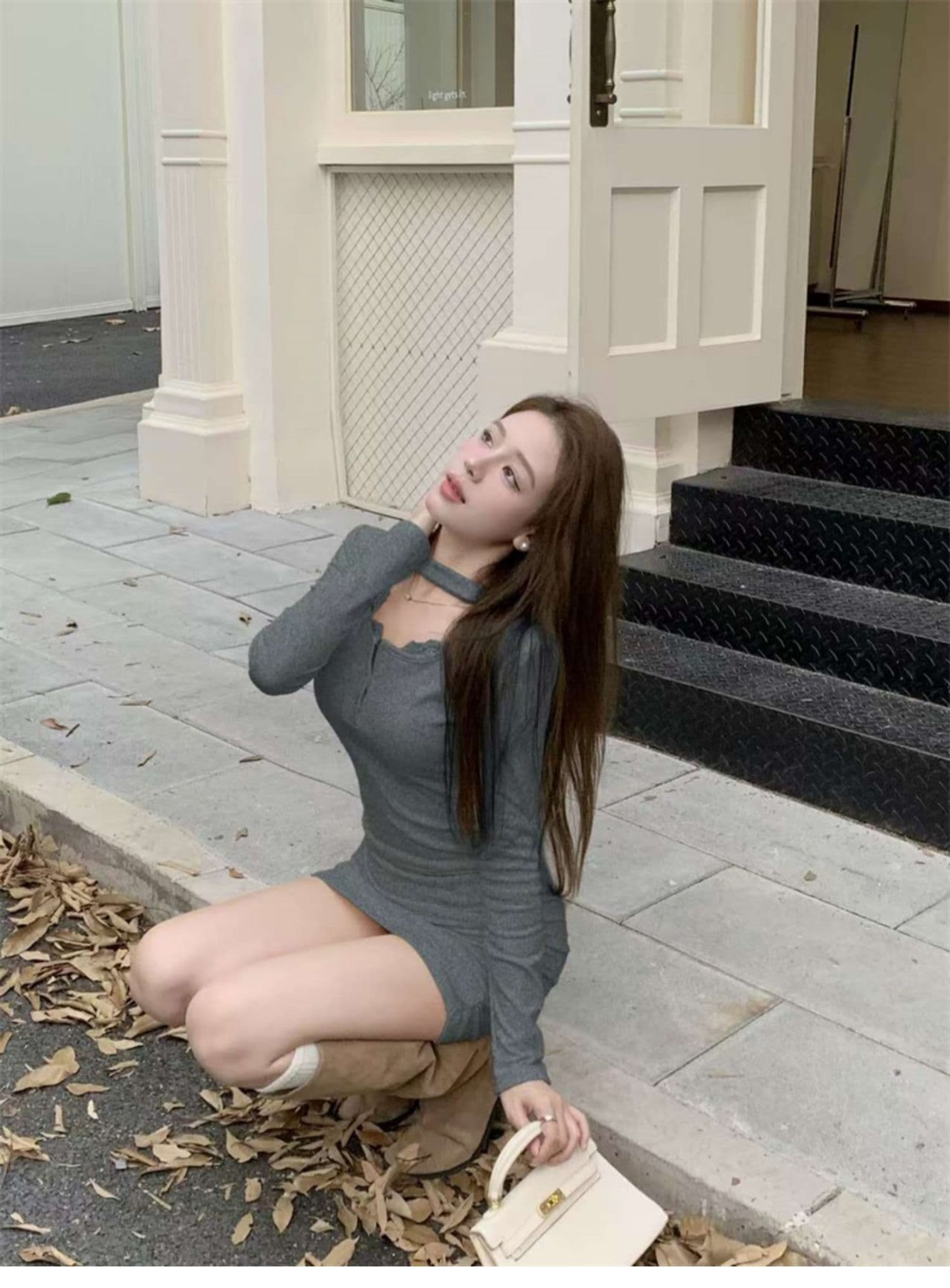 가을 겨울 순수한 욕망 바람 광장 칼라 패치워크 레이스 측면 길이 소매 치마 아이들 두꺼운 털이 있는 섹시함 타이트 스커트 주름 드레스 상세 이미지 20