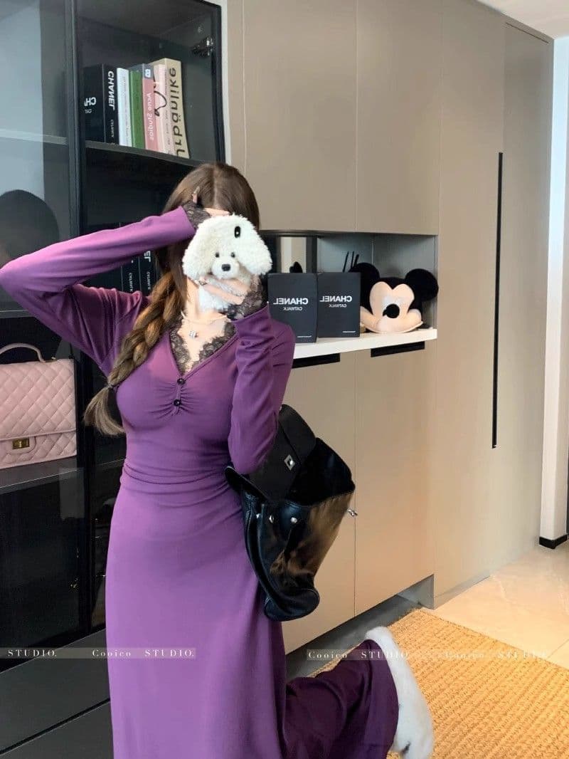 2026 새로운 프랑스식 로얄 자매 레이스 측면 보라색 여성 드레스 겨울 몸매 가꾸기 털이 있는 인사이드 가져 가라. 타이트 스커트 롱 스커트 상세 이미지 7