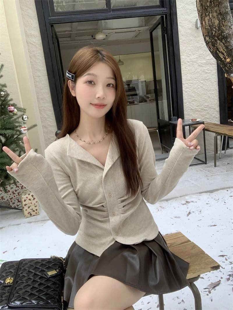 250그램 양 플러시 여성 얇은 스타일 2026 가을 새로운 단색 쇼트 스타일 재킷 폴로 칼라 맨위 긴팔 티셔츠 상세 이미지 4