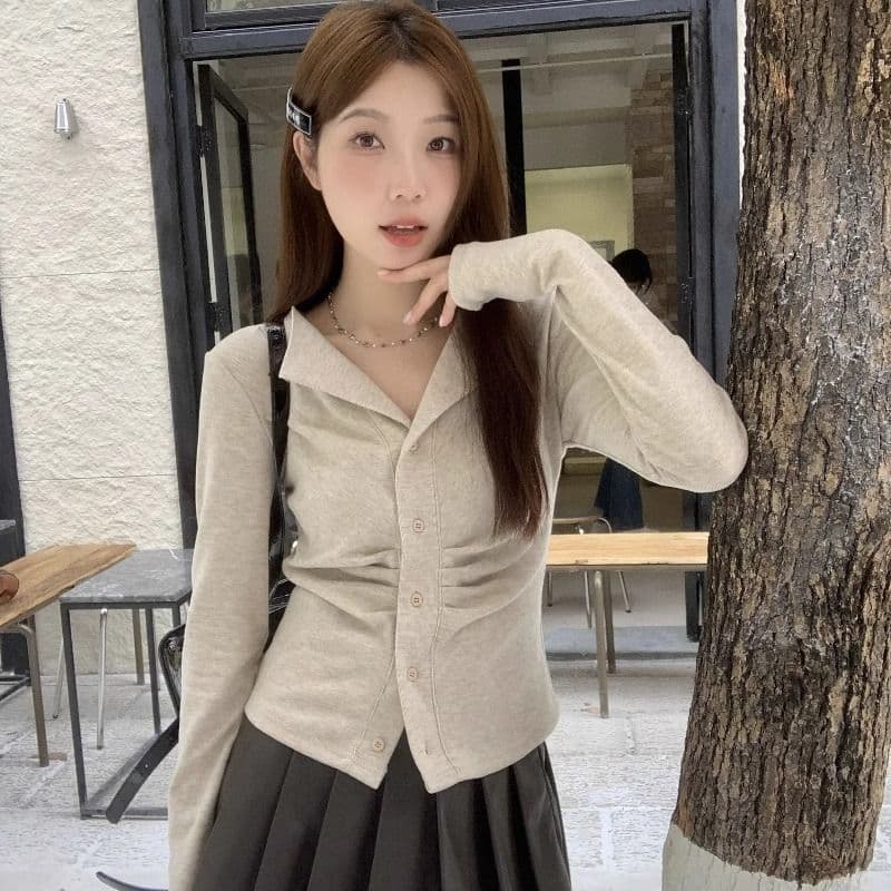 250그램 양 플러시 여성 얇은 스타일 2026 가을 새로운 단색 쇼트 스타일 재킷 폴로 칼라 맨위 긴팔 티셔츠 상세 이미지 7