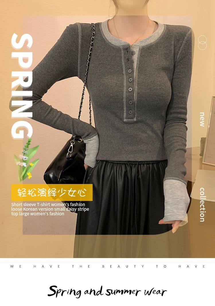 2 2 리브 260 그램 긴팔 티셔츠 여성 2026 봄 가을 새로운 몸매 가꾸기 배색 기본 셔츠 라운드 넥 맨위 상세 이미지 1