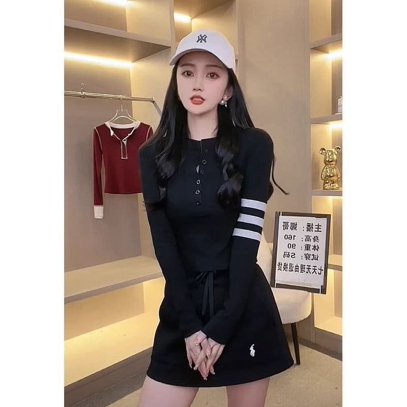2 2 리브 기본 셔츠 여성 2026 봄 가을 새로운 스트라이프 얇은 단추 쇼트 스타일 라운드 넥 맨위 긴팔 티셔츠 이미지 2