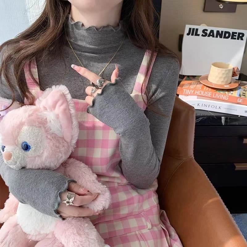 양면 연삭 털 260 그램 긴팔 티셔츠 여성 의류 봄 가을 트렌디 얇은 몸매 가꾸기 기본 셔츠 반하이넥 한국 스타일 맨위 이미지 4