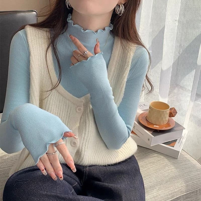 양면 연삭 털 260 그램 긴팔 티셔츠 여성 의류 봄 가을 트렌디 얇은 몸매 가꾸기 기본 셔츠 반하이넥 한국 스타일 맨위 이미지 5