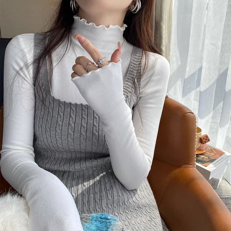 양면 연삭 털 260 그램 긴팔 티셔츠 여성 의류 봄 가을 트렌디 얇은 몸매 가꾸기 기본 셔츠 반하이넥 한국 스타일 맨위 이미지 3