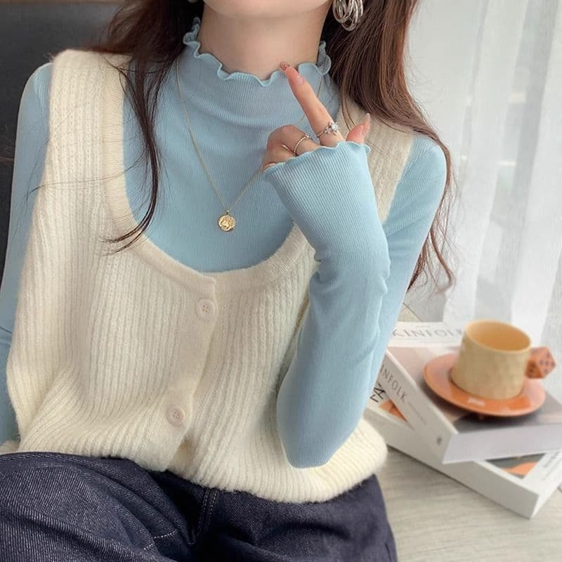 양면 연삭 털 260 그램 긴팔 티셔츠 여성 의류 봄 가을 트렌디 얇은 몸매 가꾸기 기본 셔츠 반하이넥 한국 스타일 맨위 상세 이미지 2