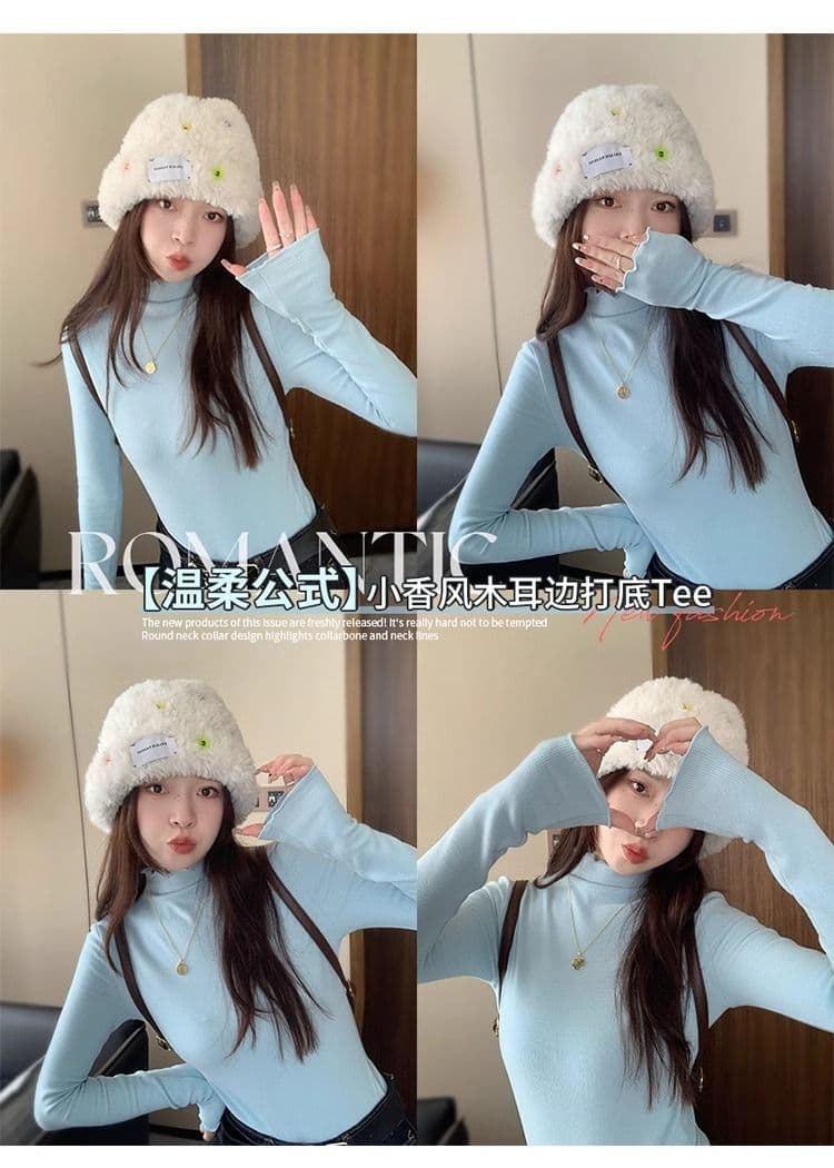 양면 연삭 털 260 그램 긴팔 티셔츠 여성 의류 봄 가을 트렌디 얇은 몸매 가꾸기 기본 셔츠 반하이넥 한국 스타일 맨위 상세 이미지 7