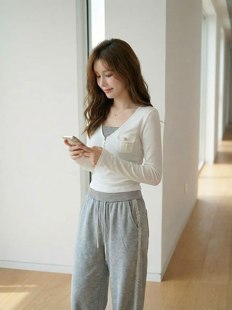 1 1 모달 긴팔 티셔츠 여성 의류 봄 가을 새로운 지퍼 몸매 가꾸기 기본 셔츠 페이크 레이어드 맨위 이미지 2