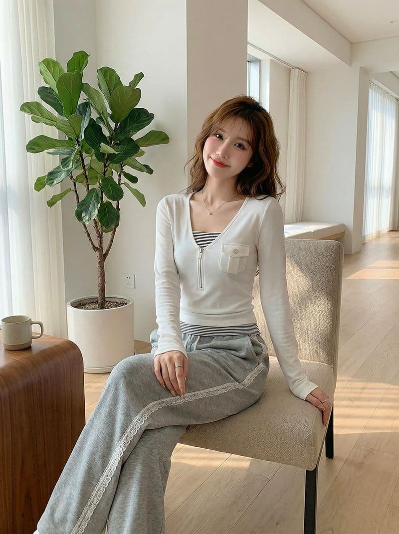 1 1 모달 긴팔 티셔츠 여성 의류 봄 가을 새로운 지퍼 몸매 가꾸기 기본 셔츠 페이크 레이어드 맨위 이미지 4