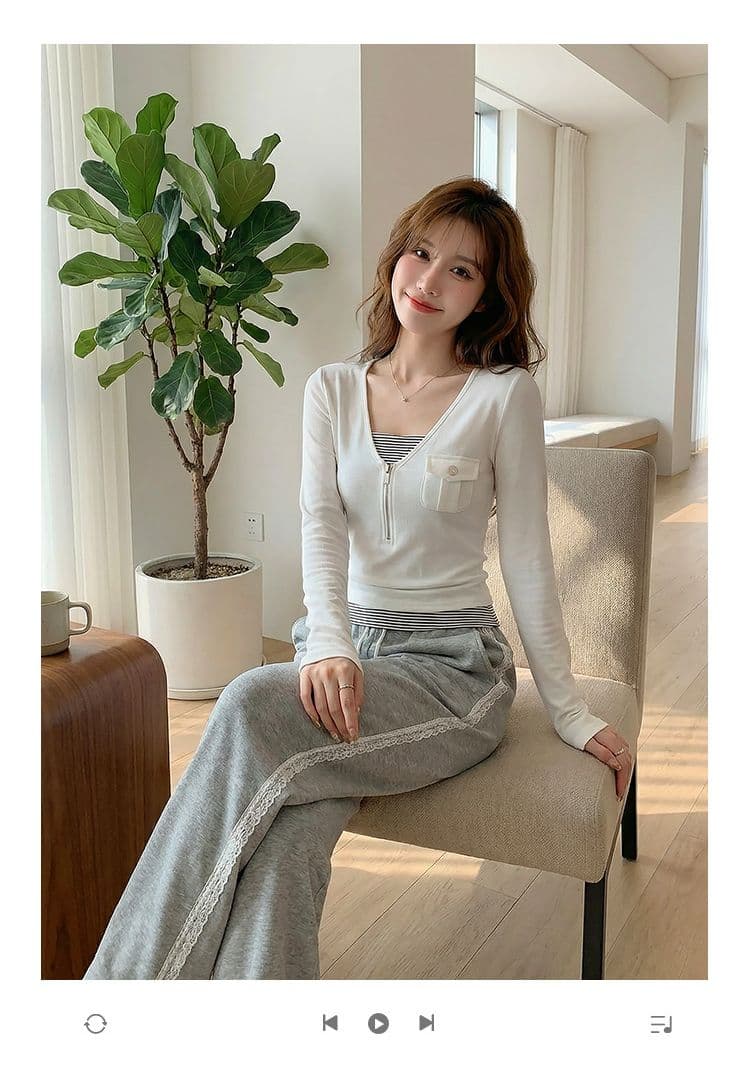 1 1 모달 긴팔 티셔츠 여성 의류 봄 가을 새로운 지퍼 몸매 가꾸기 기본 셔츠 페이크 레이어드 맨위 상세 이미지 1