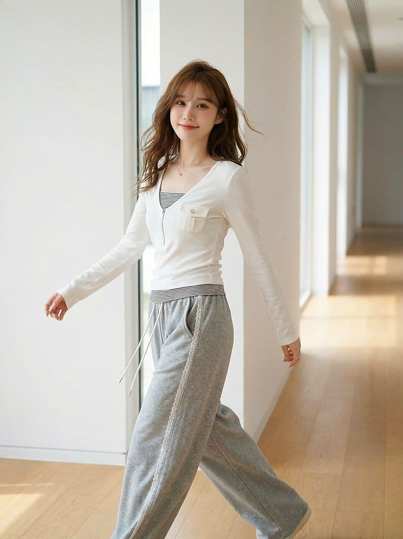 1 1 모달 긴팔 티셔츠 여성 의류 봄 가을 새로운 지퍼 몸매 가꾸기 기본 셔츠 페이크 레이어드 맨위 상세 이미지 8