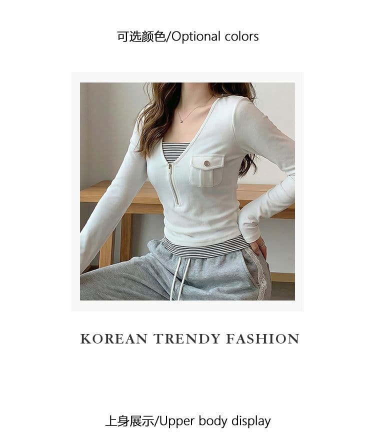 1 1 모달 긴팔 티셔츠 여성 의류 봄 가을 새로운 지퍼 몸매 가꾸기 기본 셔츠 페이크 레이어드 맨위 상세 이미지 9