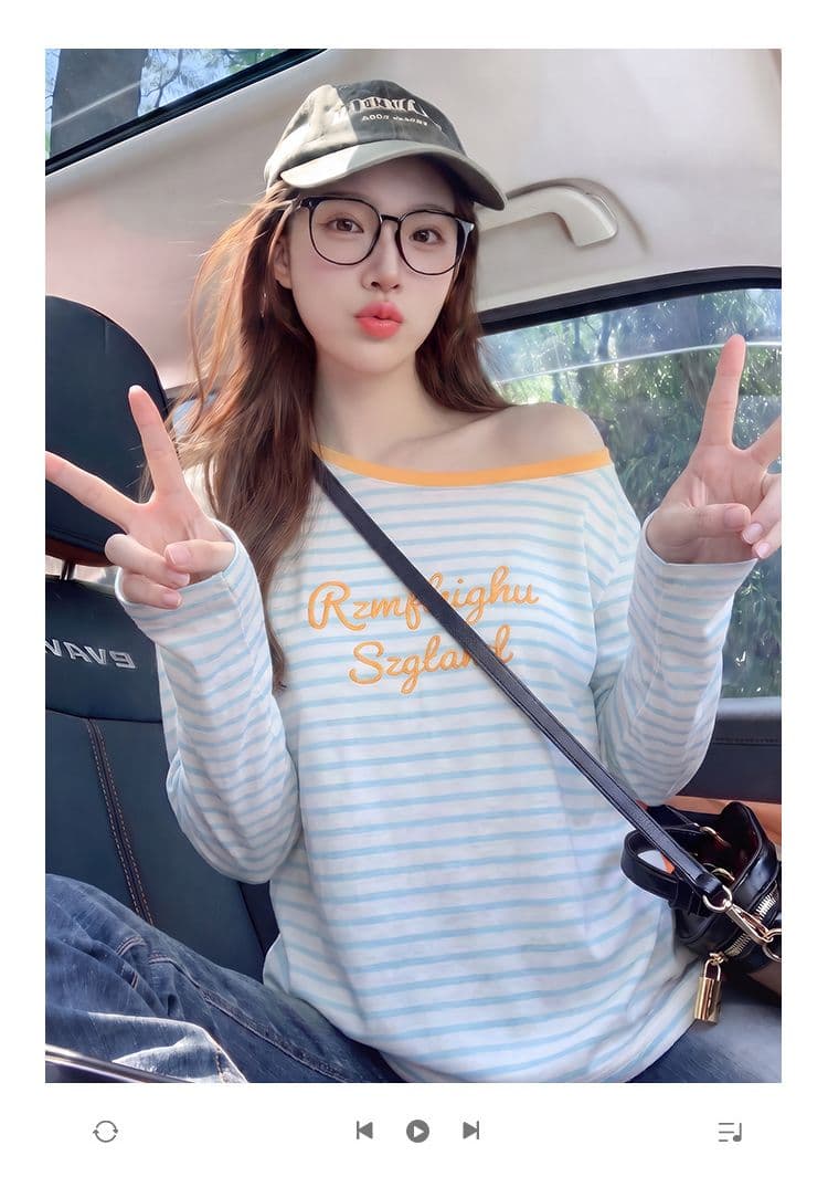 긴팔 티셔츠 기본 셔츠 여성 의류 루즈핏 가시 자수 아메리칸 스트라이프 봄 가을 새로운 비스듬한 칼라 맨위 상세 이미지 1