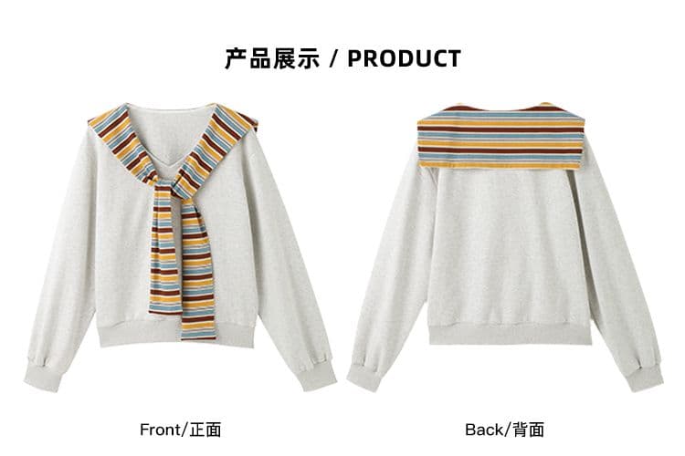 긴팔 티셔츠 후드티 여성 이른 봄 새로운 트렌디 스트라이프 숄 페이크 레이어드 루즈핏 V넥 한국 스타일 맨위 상세 이미지 3