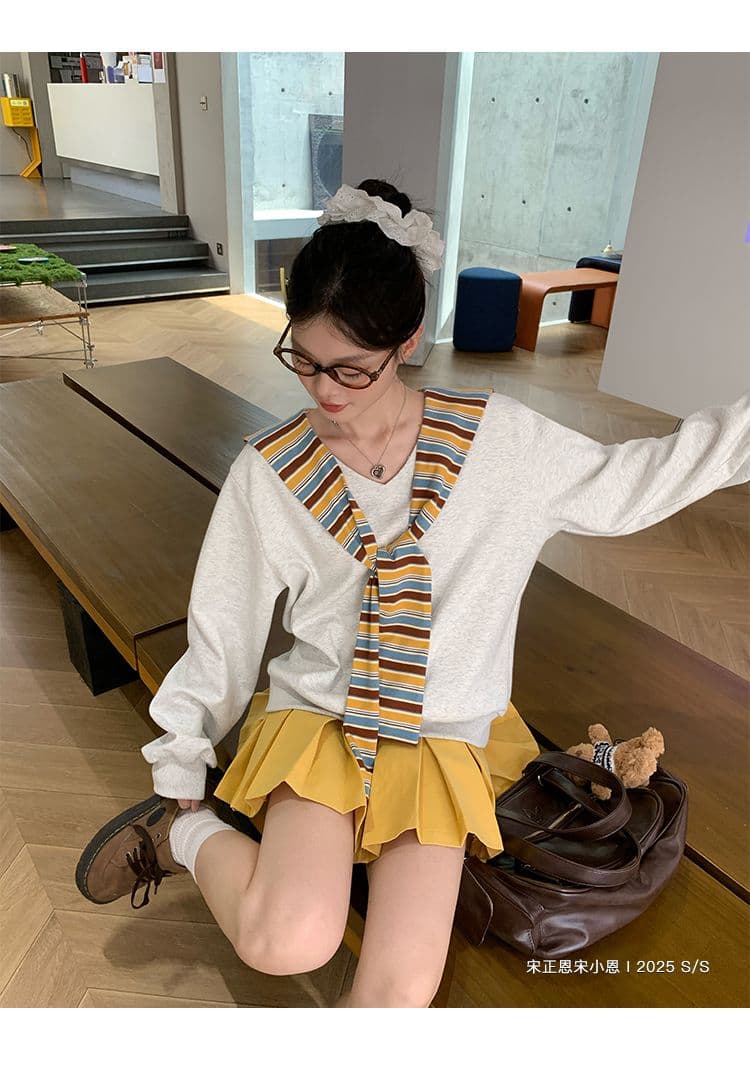 긴팔 티셔츠 후드티 여성 이른 봄 새로운 트렌디 스트라이프 숄 페이크 레이어드 루즈핏 V넥 한국 스타일 맨위 상세 이미지 5