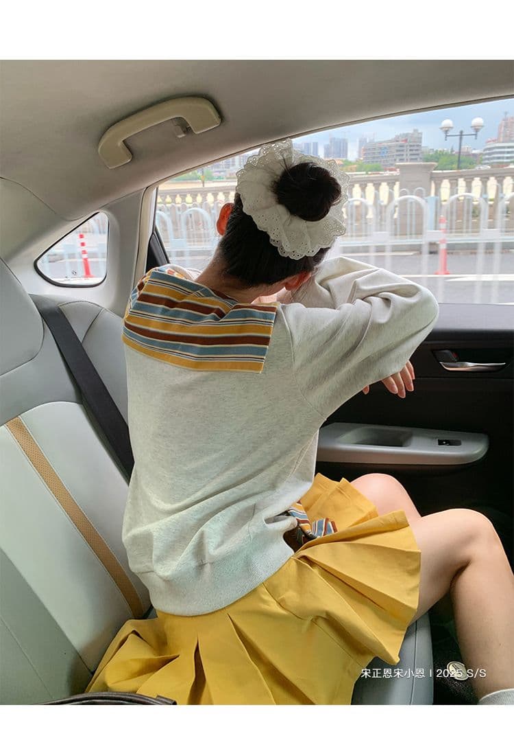 긴팔 티셔츠 후드티 여성 이른 봄 새로운 트렌디 스트라이프 숄 페이크 레이어드 루즈핏 V넥 한국 스타일 맨위 상세 이미지 11