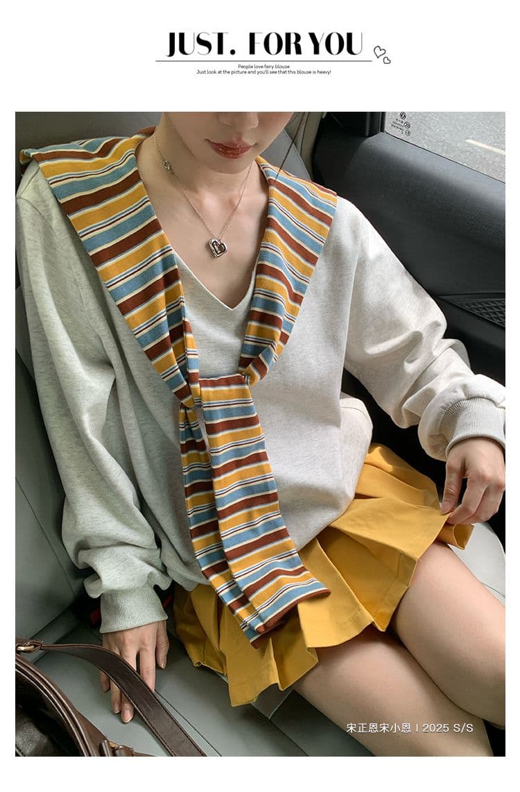 긴팔 티셔츠 후드티 여성 이른 봄 새로운 트렌디 스트라이프 숄 페이크 레이어드 루즈핏 V넥 한국 스타일 맨위 상세 이미지 15