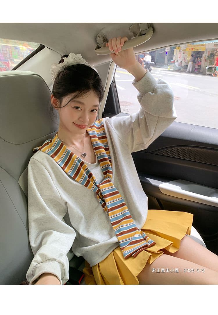 긴팔 티셔츠 후드티 여성 이른 봄 새로운 트렌디 스트라이프 숄 페이크 레이어드 루즈핏 V넥 한국 스타일 맨위 상세 이미지 19