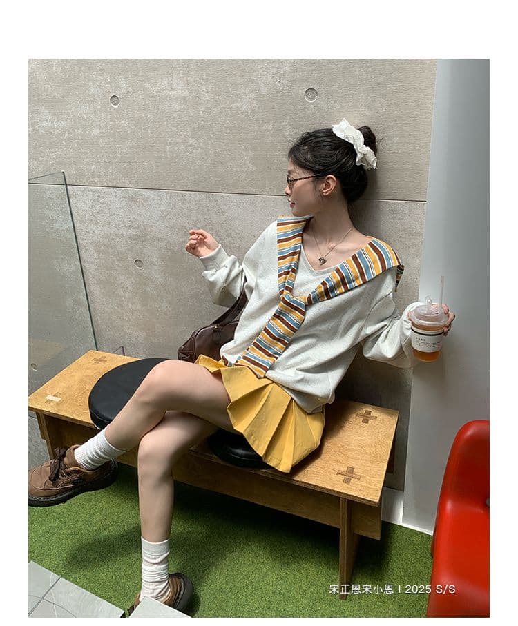 긴팔 티셔츠 후드티 여성 이른 봄 새로운 트렌디 스트라이프 숄 페이크 레이어드 루즈핏 V넥 한국 스타일 맨위 상세 이미지 20