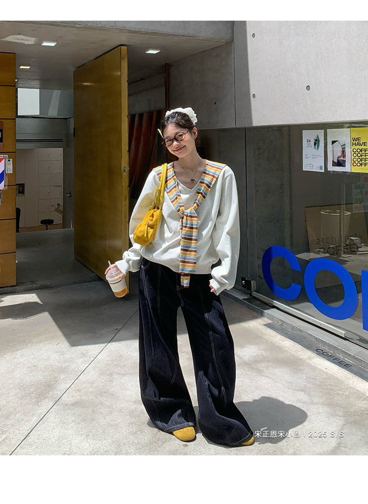 긴팔 티셔츠 후드티 여성 이른 봄 새로운 트렌디 스트라이프 숄 페이크 레이어드 루즈핏 V넥 한국 스타일 맨위 상세 이미지 22