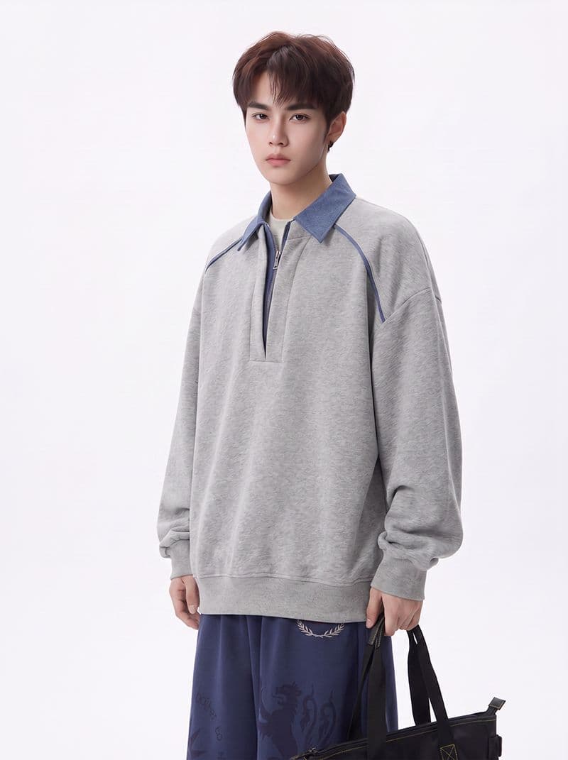 얇은 스타일 조수 브랜드 남녀 커플 후드티 봄 가을 새로운 패치워크 페이크 레이어드 지퍼 POLO 칼라 맨위 이미지 2