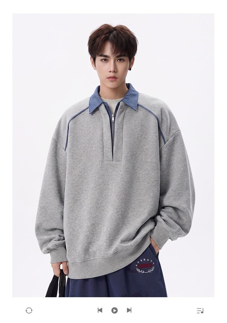얇은 스타일 조수 브랜드 남녀 커플 후드티 봄 가을 새로운 패치워크 페이크 레이어드 지퍼 POLO 칼라 맨위 상세 이미지 1