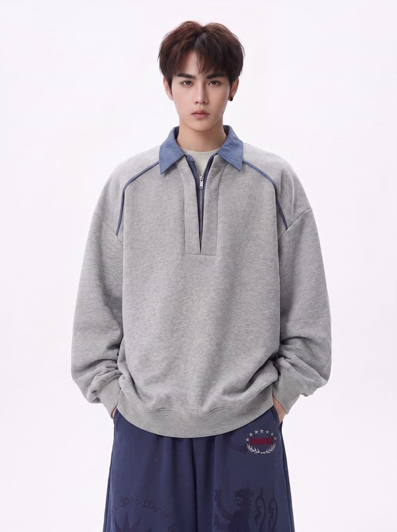 얇은 스타일 조수 브랜드 남녀 커플 후드티 봄 가을 새로운 패치워크 페이크 레이어드 지퍼 POLO 칼라 맨위 상세 이미지 9