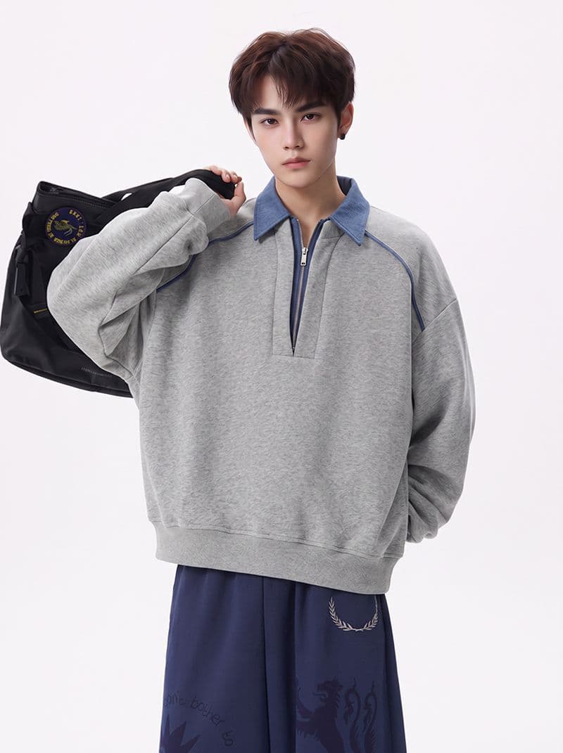 얇은 스타일 조수 브랜드 남녀 커플 후드티 봄 가을 새로운 패치워크 페이크 레이어드 지퍼 POLO 칼라 맨위 상세 이미지 10