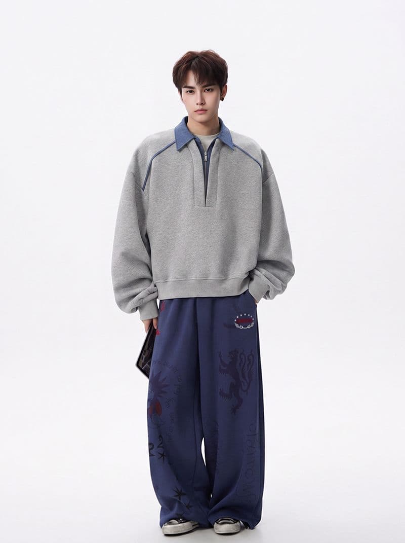 얇은 스타일 조수 브랜드 남녀 커플 후드티 봄 가을 새로운 패치워크 페이크 레이어드 지퍼 POLO 칼라 맨위 상세 이미지 11