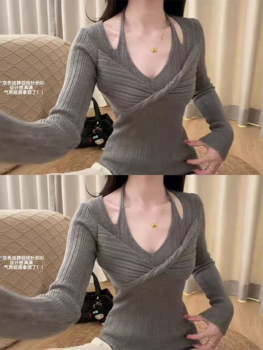 패키지 코어 실 긴팔 니트 기본 셔츠 여성 의류 봄 가을 쇼트 스타일 비틀림 행침 목 V넥 한국 스타일 맨위 이미지 3