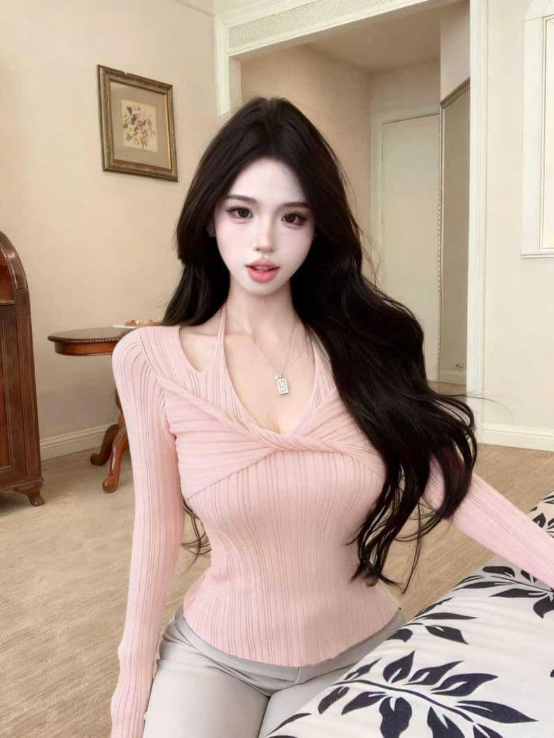 패키지 코어 실 긴팔 니트 기본 셔츠 여성 의류 봄 가을 쇼트 스타일 비틀림 행침 목 V넥 한국 스타일 맨위 상세 이미지 5
