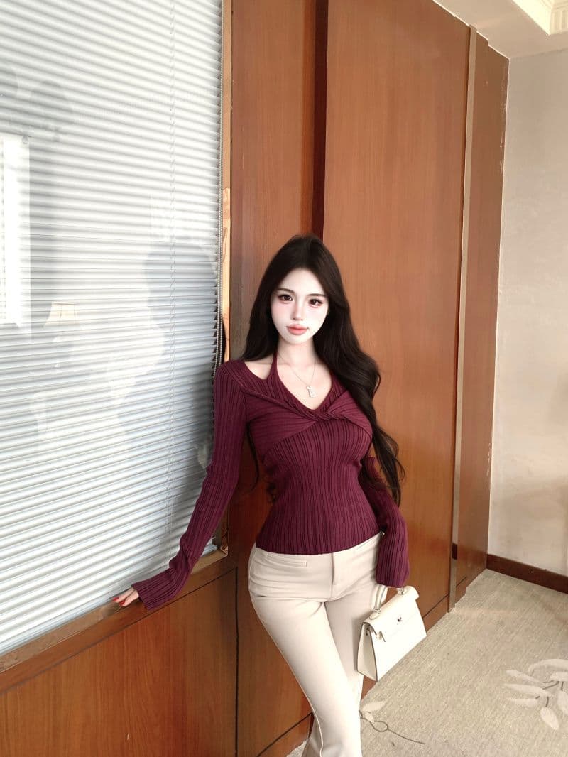 패키지 코어 실 긴팔 니트 기본 셔츠 여성 의류 봄 가을 쇼트 스타일 비틀림 행침 목 V넥 한국 스타일 맨위 상세 이미지 13