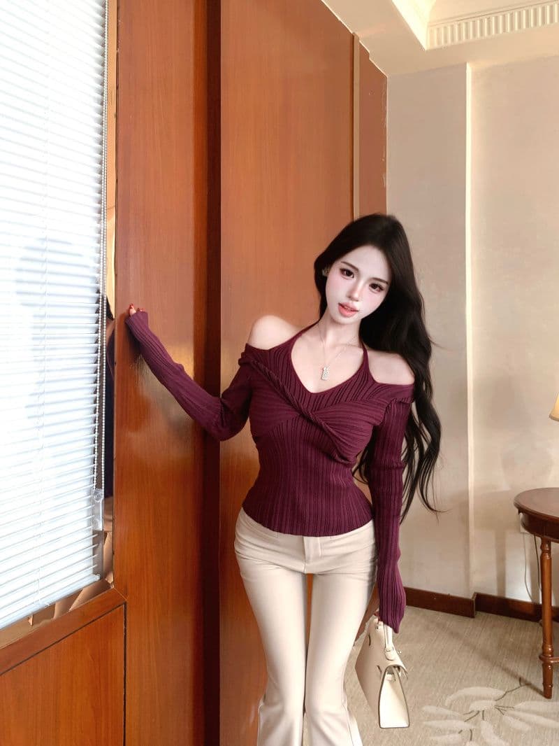 패키지 코어 실 긴팔 니트 기본 셔츠 여성 의류 봄 가을 쇼트 스타일 비틀림 행침 목 V넥 한국 스타일 맨위 상세 이미지 14
