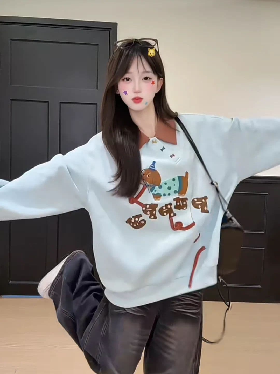 얇은 스타일 후드티 여성 의류 디자인 센스 트렌디 새로운 봄 가을 가시 자수 루즈핏 배색 polo 맨위 상세 이미지 6