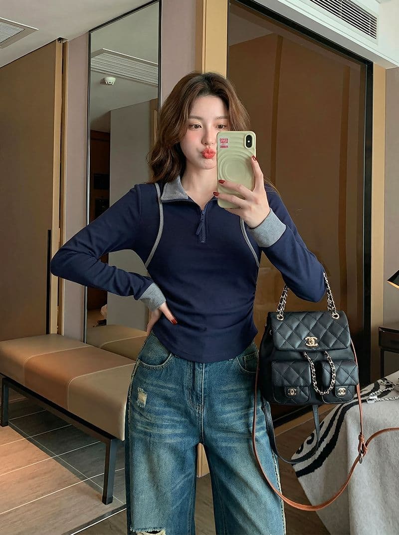 1 1 모달 260 그램 긴팔 티셔츠 여성 의류 봄 가을 새로운 페이크 레이어드 지퍼 POLO 칼라 기본 셔츠 이미지 4
