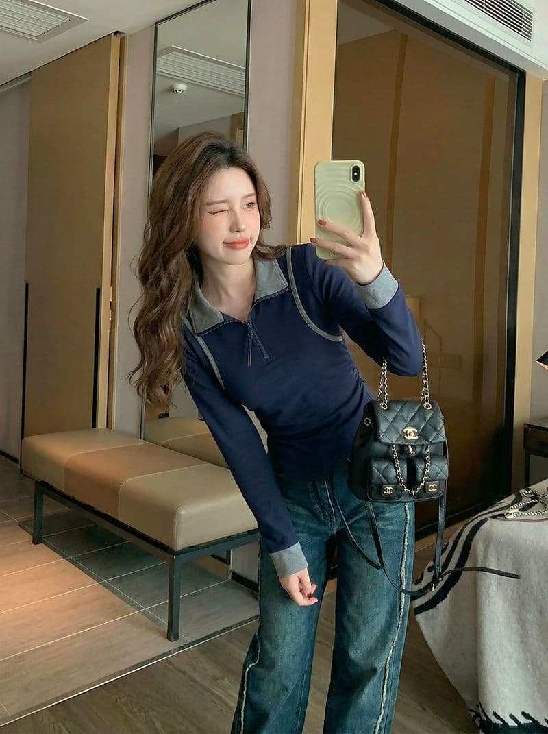 1 1 모달 260 그램 긴팔 티셔츠 여성 의류 봄 가을 새로운 페이크 레이어드 지퍼 POLO 칼라 기본 셔츠 이미지 3