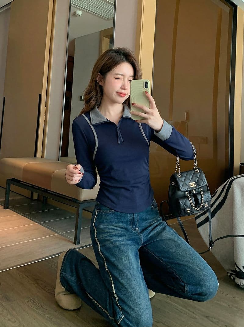 1 1 모달 260 그램 긴팔 티셔츠 여성 의류 봄 가을 새로운 페이크 레이어드 지퍼 POLO 칼라 기본 셔츠 이미지 2
