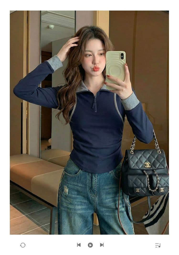1 1 모달 260 그램 긴팔 티셔츠 여성 의류 봄 가을 새로운 페이크 레이어드 지퍼 POLO 칼라 기본 셔츠 상세 이미지 1