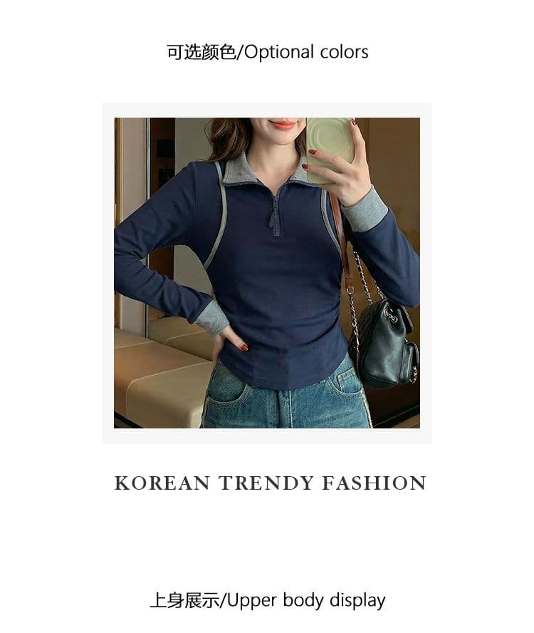 1 1 모달 260 그램 긴팔 티셔츠 여성 의류 봄 가을 새로운 페이크 레이어드 지퍼 POLO 칼라 기본 셔츠 상세 이미지 4