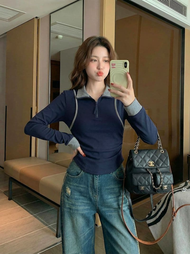1 1 모달 260 그램 긴팔 티셔츠 여성 의류 봄 가을 새로운 페이크 레이어드 지퍼 POLO 칼라 기본 셔츠 상세 이미지 5
